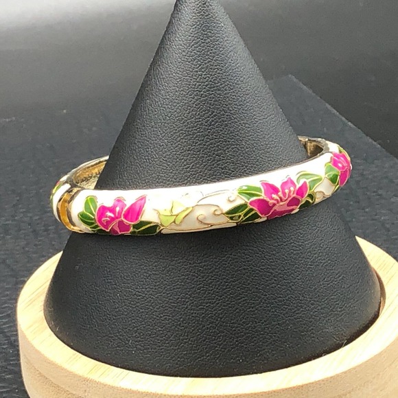 Estate Jewelry - Floral Cloisonné Bracelet 7 in. Pink Green White Enamel Gold Tone Bangle Clamper
